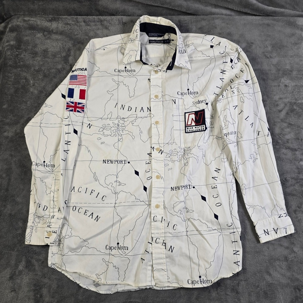 Nautica Mens Button-Down Shirt Blue Water Challenge Map Print White Large Cotton